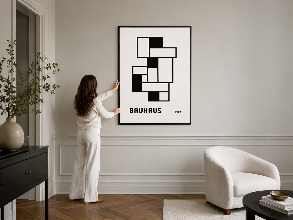 Bauhaus geometrik desen, siyah çerçeveli poster klasik beyaz duvar dekorasyonu.
