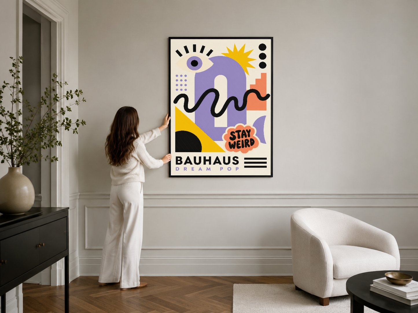 Bauhaus Dream Pop duvar tablosu, siyah çerçevede çağdaş tasarım ve canlı renkleriyle minimal iç dekora enerji katıyor.