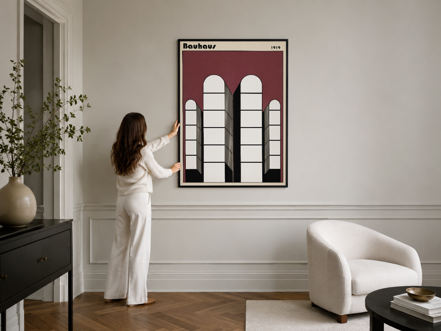 Art deco tarzı simetrik pencere deseni, çağdaş ve klasik tarzları birleştiren çerçeveli poster, şık bir duvar dekorasyonu.
