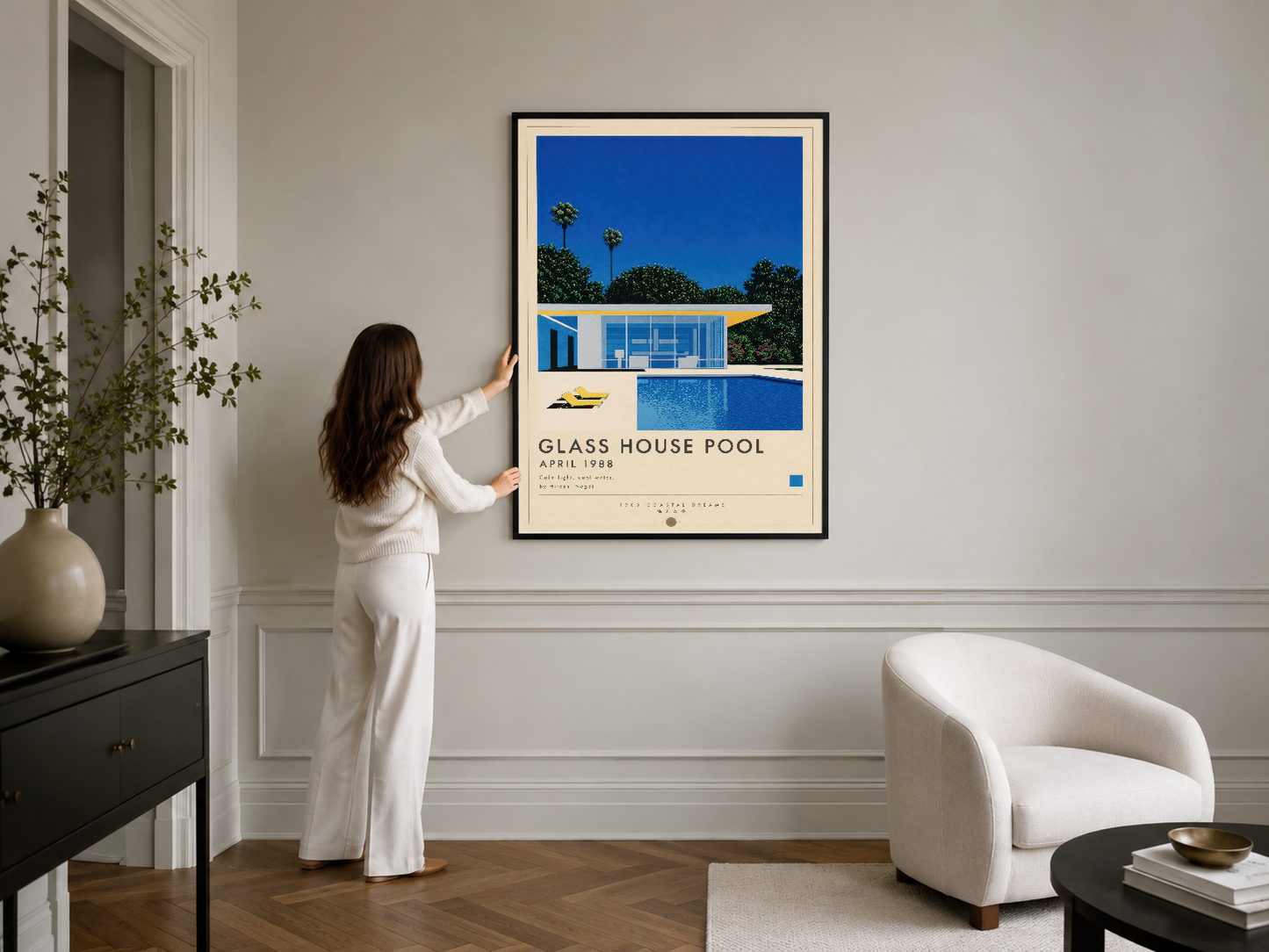 Glass House Pool sanat posteri, siyah çerçeveli, modern salon duvarında asılı, zarif sanat objesi.
