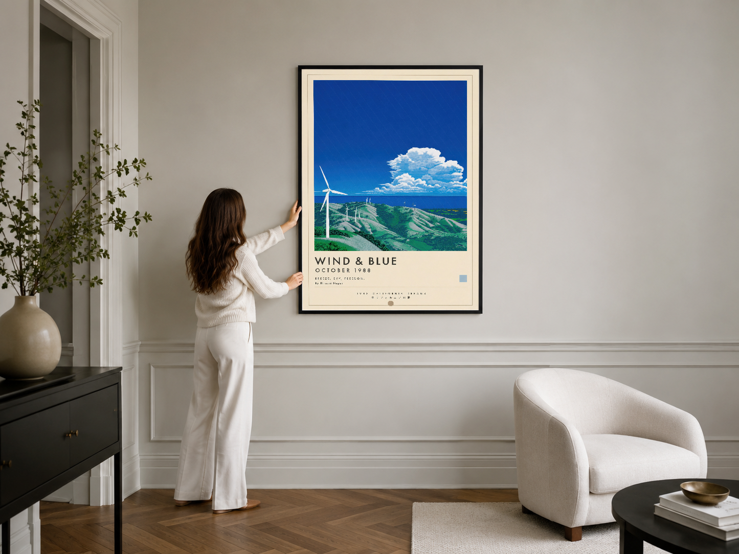Mavi temalı rüzgar enerjisi posteri, siyah çerçevede, minimalist salon duvarında konforlu ve şık dekorasyon elemanı olarak