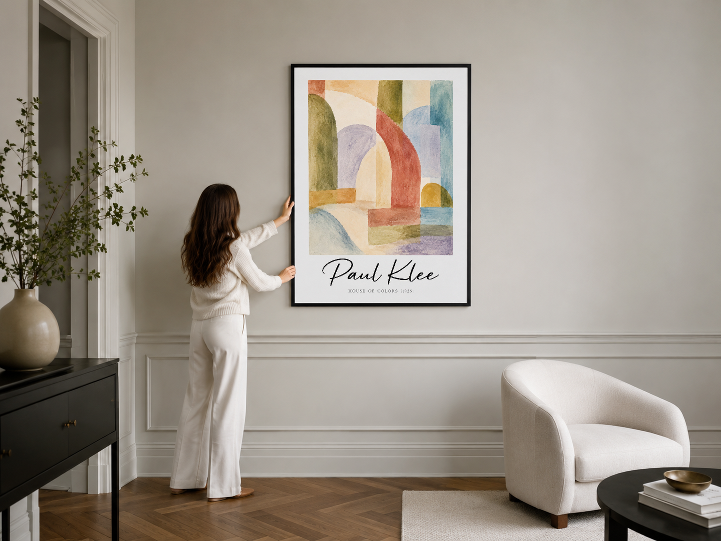 Paul Klee Renkli Evler posteri, siyah çerçeveli, minimalist salon duvarında stilize sanat koleksiyonu.