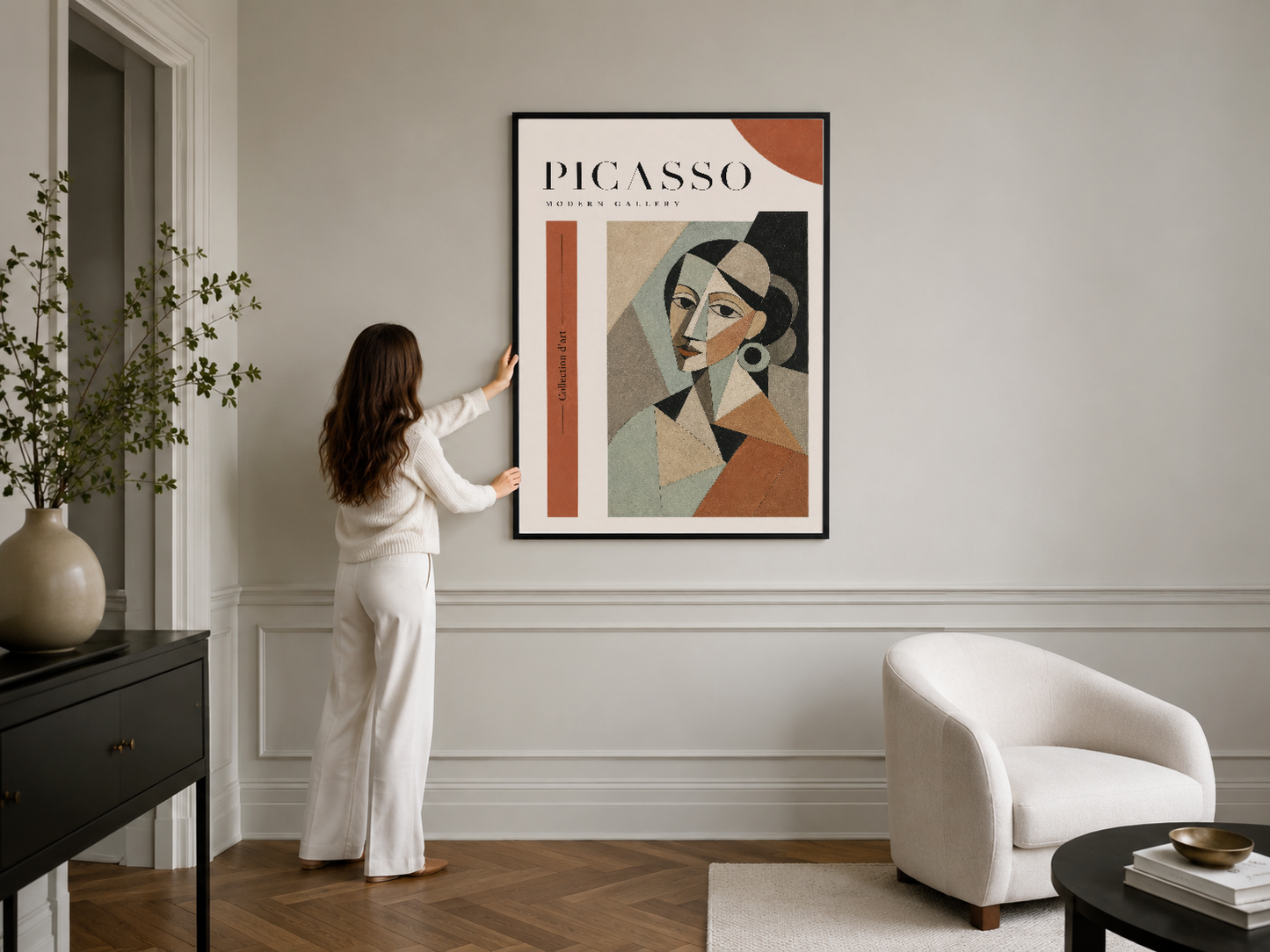Picasso Modern Gallery posteri, siyah çerçeveli soyut portre, modern entryway alanında sanat koleksiyonu parçası olarak
