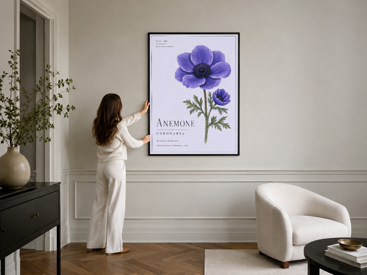 Anemon coronaria botanik tablosu, siyah çerçevesi ile modern iç tasarımın elegent duvar aksesuarı.