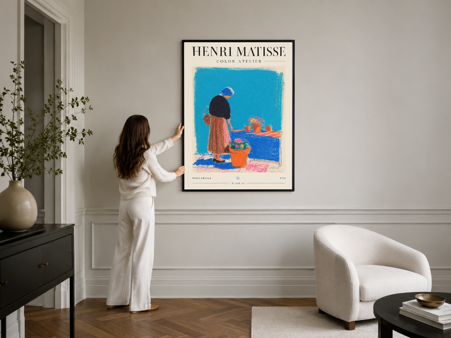 Henri Matisse Color Atelier posteri, siyah çerçevede, zarif iç mekânda duvar sanatı olarak asılı konumdadır.