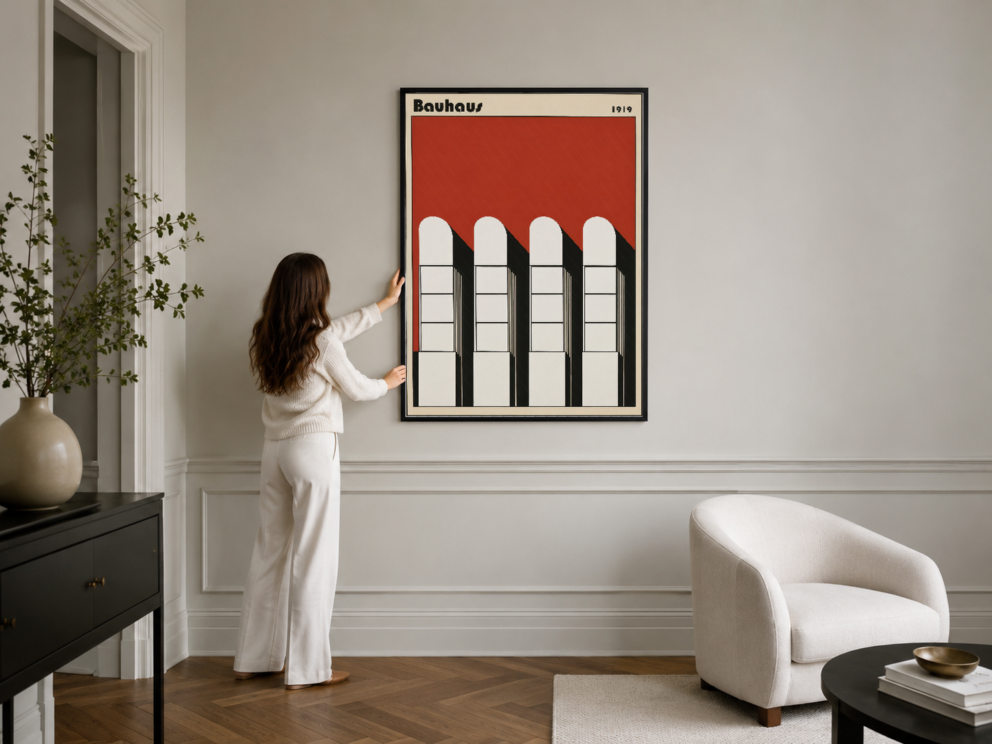 Kırmızı zemin üzerinde siyah pencere motifi Bauhaus poster, şık çerçeveli duvar sanat eseri.