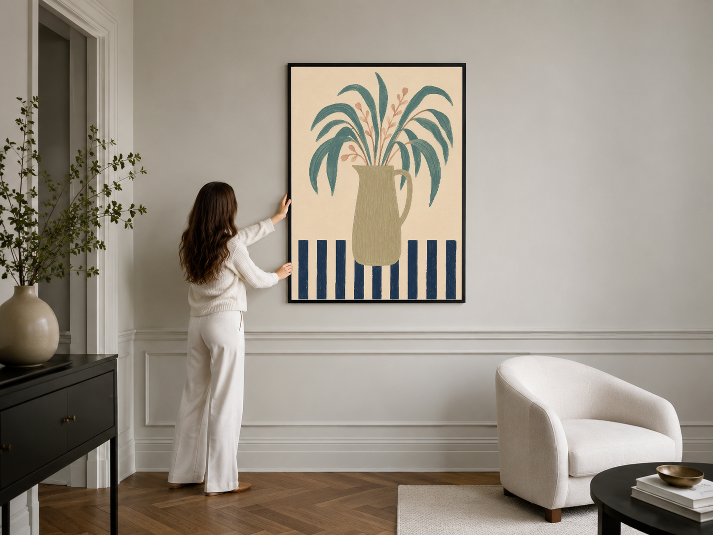 Şık minimalist palmiye sanat tablosu siyah çerçeveli, klasik iç dekorasyonda yer alan poster.