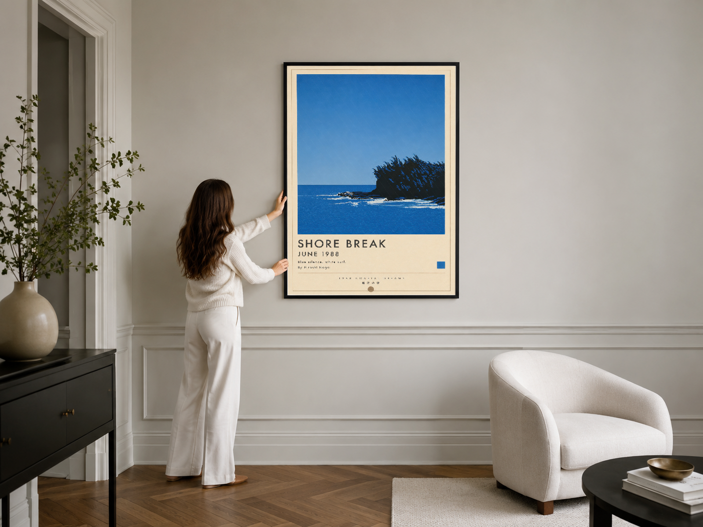 Retro Shore Break poster, siyah çerçeveli, klasik iç mekan dekorasyonunda denizin huzurunu ve doğallığını yansıtan sanat