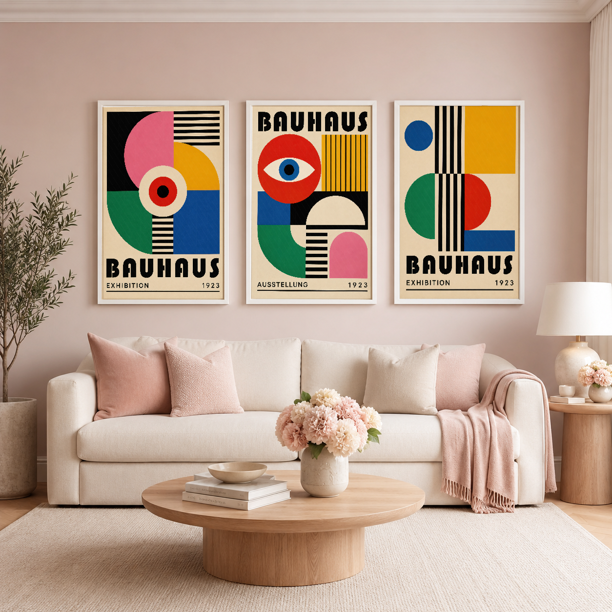 Bauhaus sergisi posterlerinden ilham alan geometrik sanat tabloları, kanepenin üstünde sıralı asılı durumda.