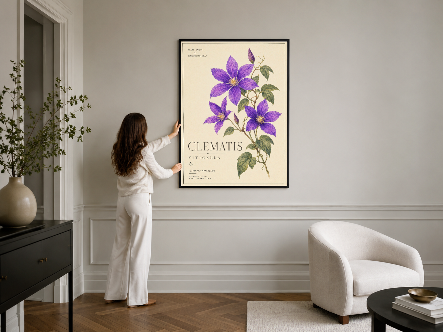 Clematis viticella botanik tablosu, siyah çerçeveli, şık iç dekorasyonda stil aksesuarı.