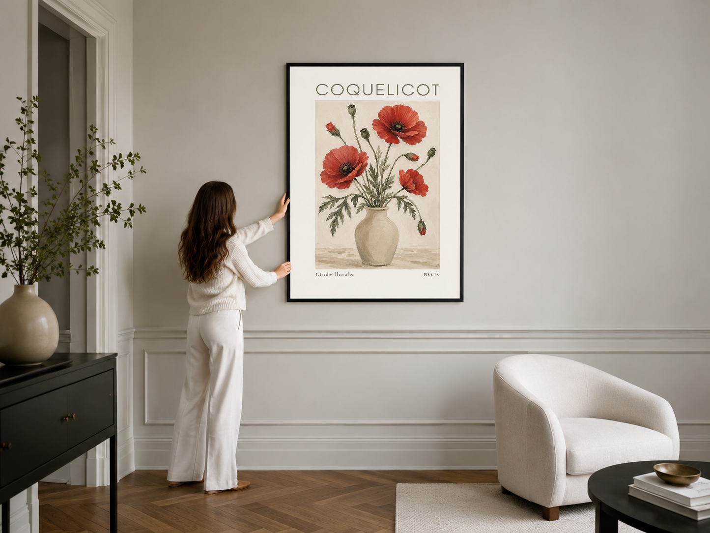 Modern oturma odasında, siyah çerçeveli Coquelicot botanik tablosu duvar sanat dekorasyonu.
