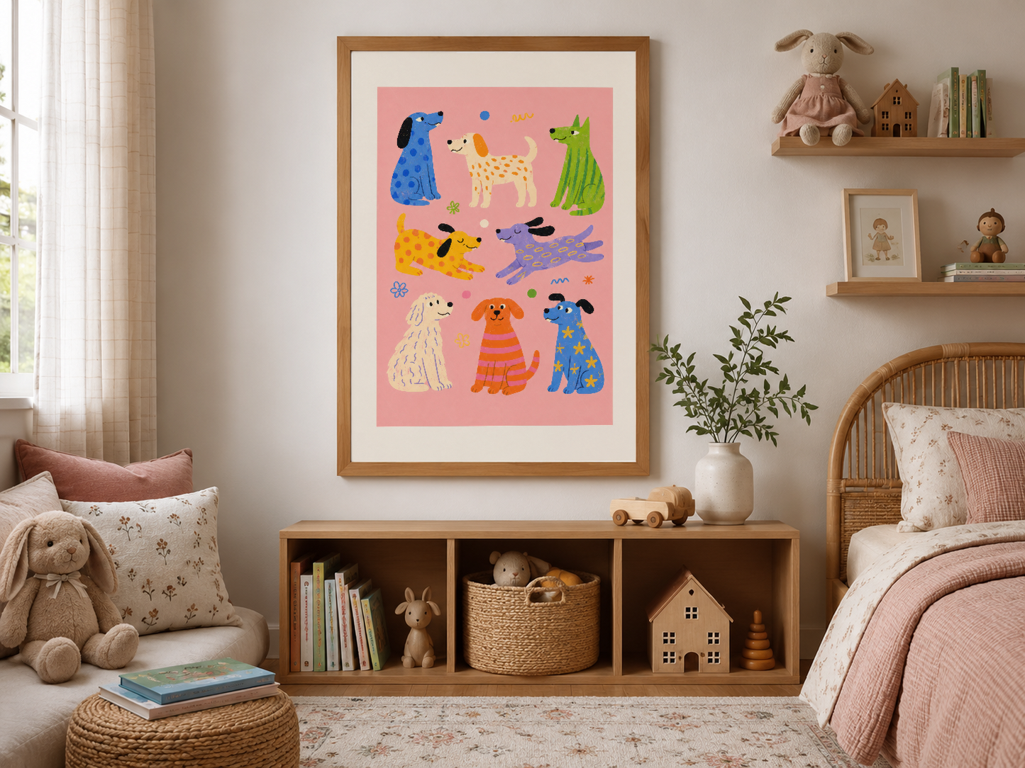Renkli köpek karakterleri tema taşıyan pembe poster, ahşap çerçevede ısıl çocuk yatak odası.