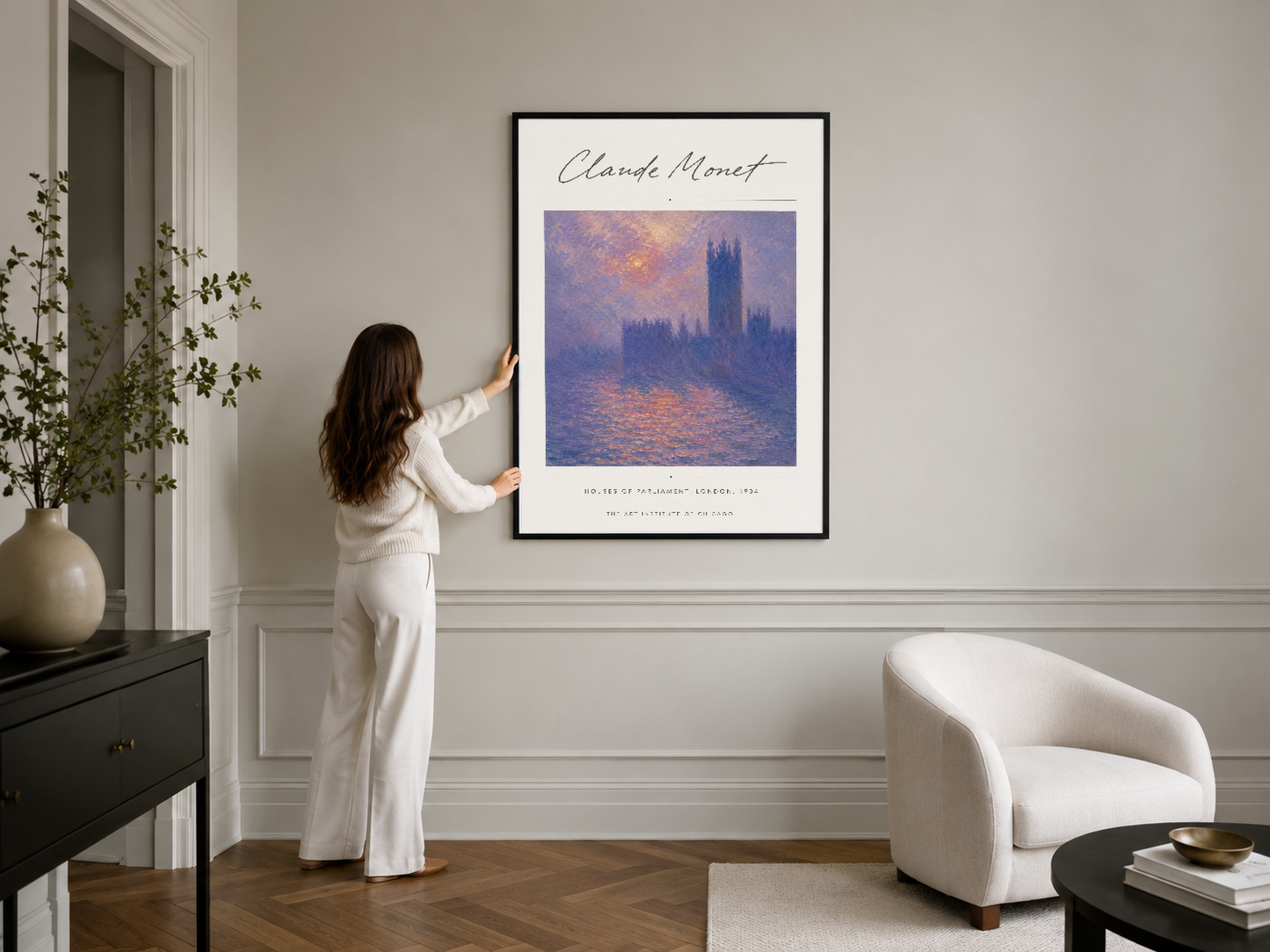 Monet'nin Parlamentosu poster, siyah çerçeve, modern minimalist salon duvarında asılı.