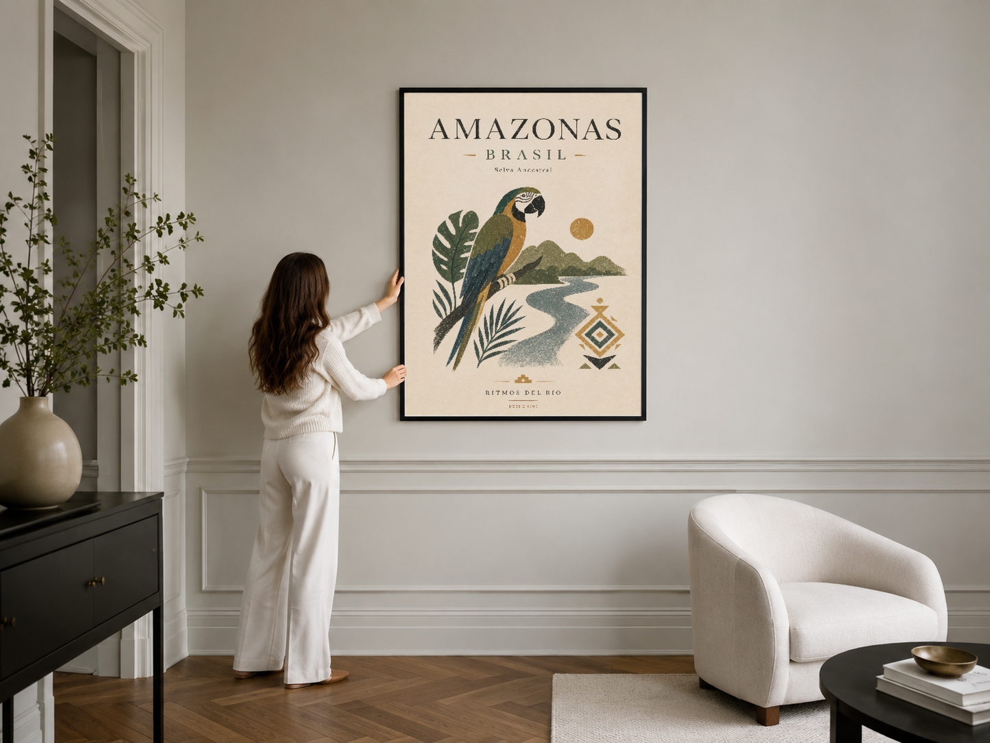 Amazonas Brasil duvar tablosu siyah çerçeve ile, vintage botanik estetiği modern iç mekanı zarif şekilde tamamlayan poster.