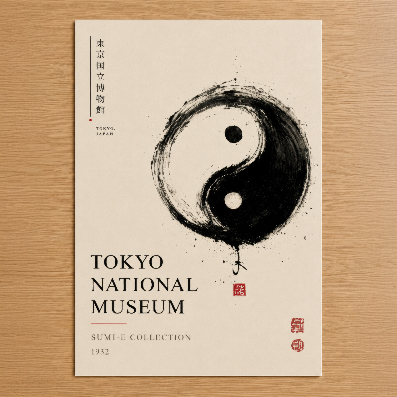 Taoist felsefesini sembolize eden siyah beyaz yin-yang deseni ile Tokyo Müzesi arşiv posteri, minimalist Japon sanat stili.