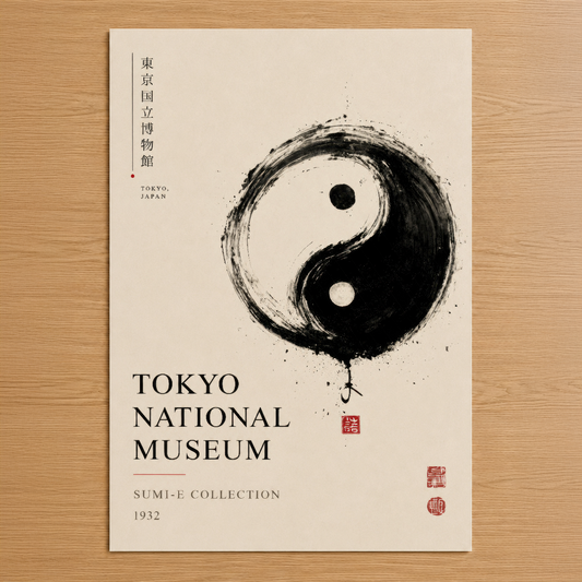 Taoist felsefesini sembolize eden siyah beyaz yin-yang deseni ile Tokyo Müzesi arşiv posteri, minimalist Japon sanat stili.