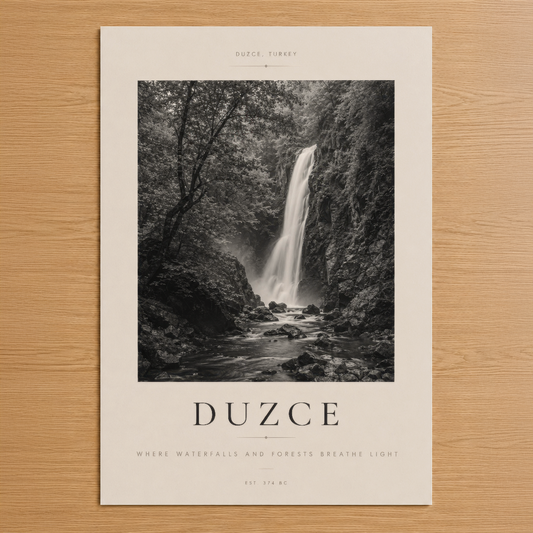 Duzce şelalesi poster, siyah beyaz doğa fotoğrafı, orman ve su manzarası tasarımı