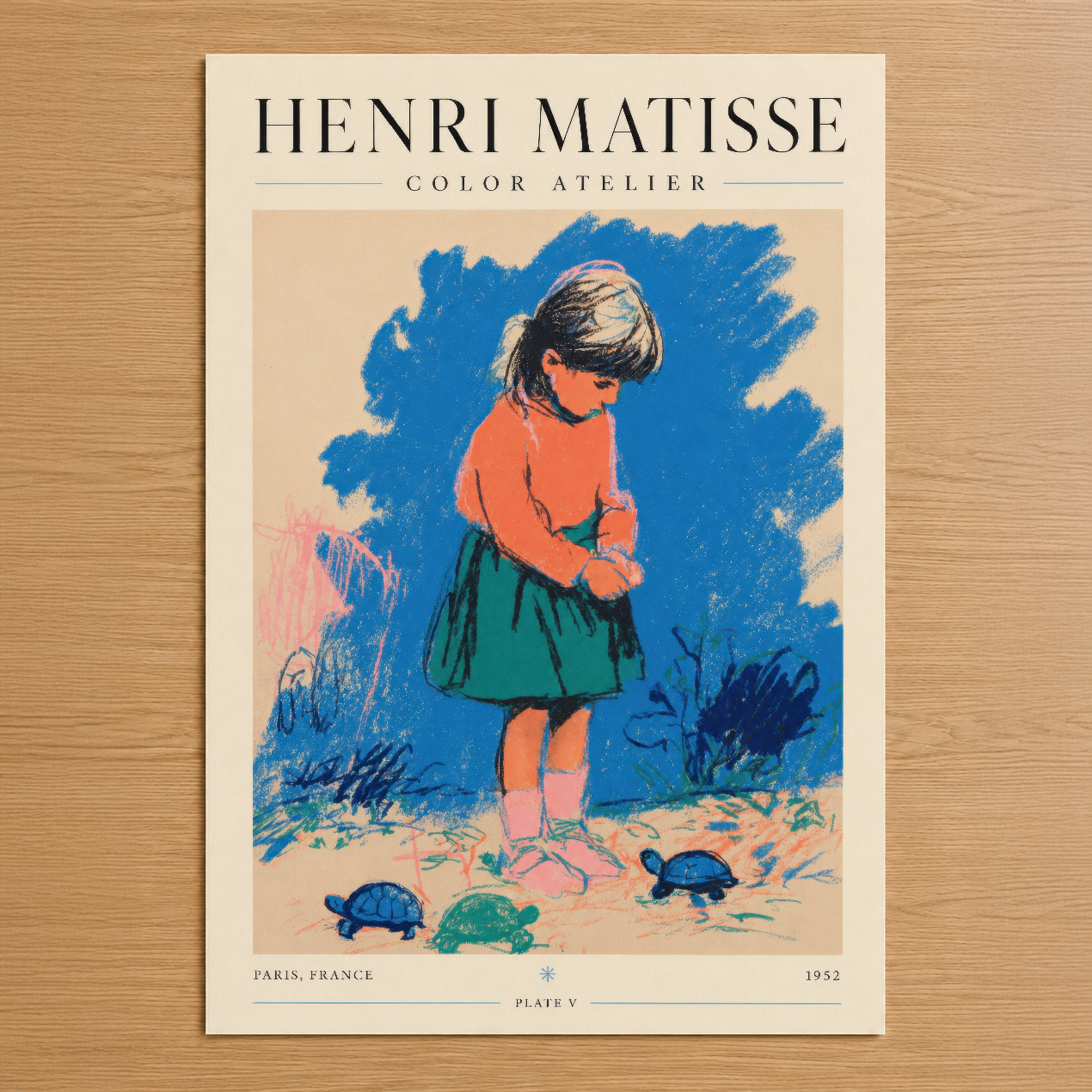 Matisse'in 1952 tarihli Color Atelier serisinden, deniz kıyısında oynayan çocuğu gösteren canlı renkli sanat baskısı.