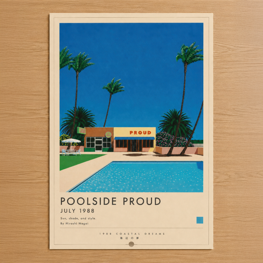 Poolside Proud, 1988 yılında çekilmiş retro tarzda palmiye ağaçları ve turkuaz havuzlu modernist yapı tasarımı.