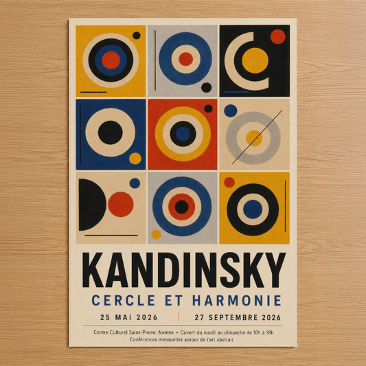 Kandinsky'nin Cercle et Harmonie sergisi afişi, canlı renklerle geometrik dairelerin uyumlu bileşimi