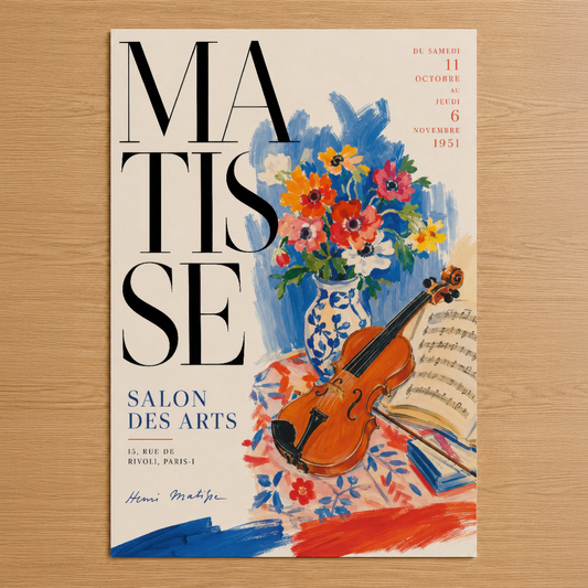 1951 Matisse Salon des Arts afişi, çiçek buketi, keman ve sanat türü tiyatro posteri.