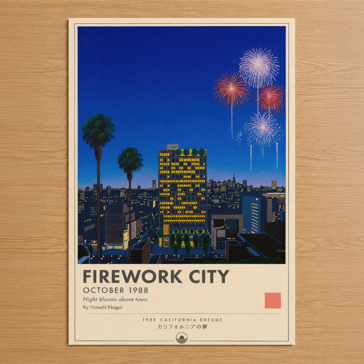 Hiroshi Nogai imzalı Firework City posteri, 1988 yılında çekilmiş retro stil gece şehrinde havai fişekleri gösteren sanat