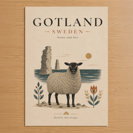 Gotland İsveç temalı vintage poster, taş anıtı, koyun ve botanik öğeleriyle sakin tasarım.