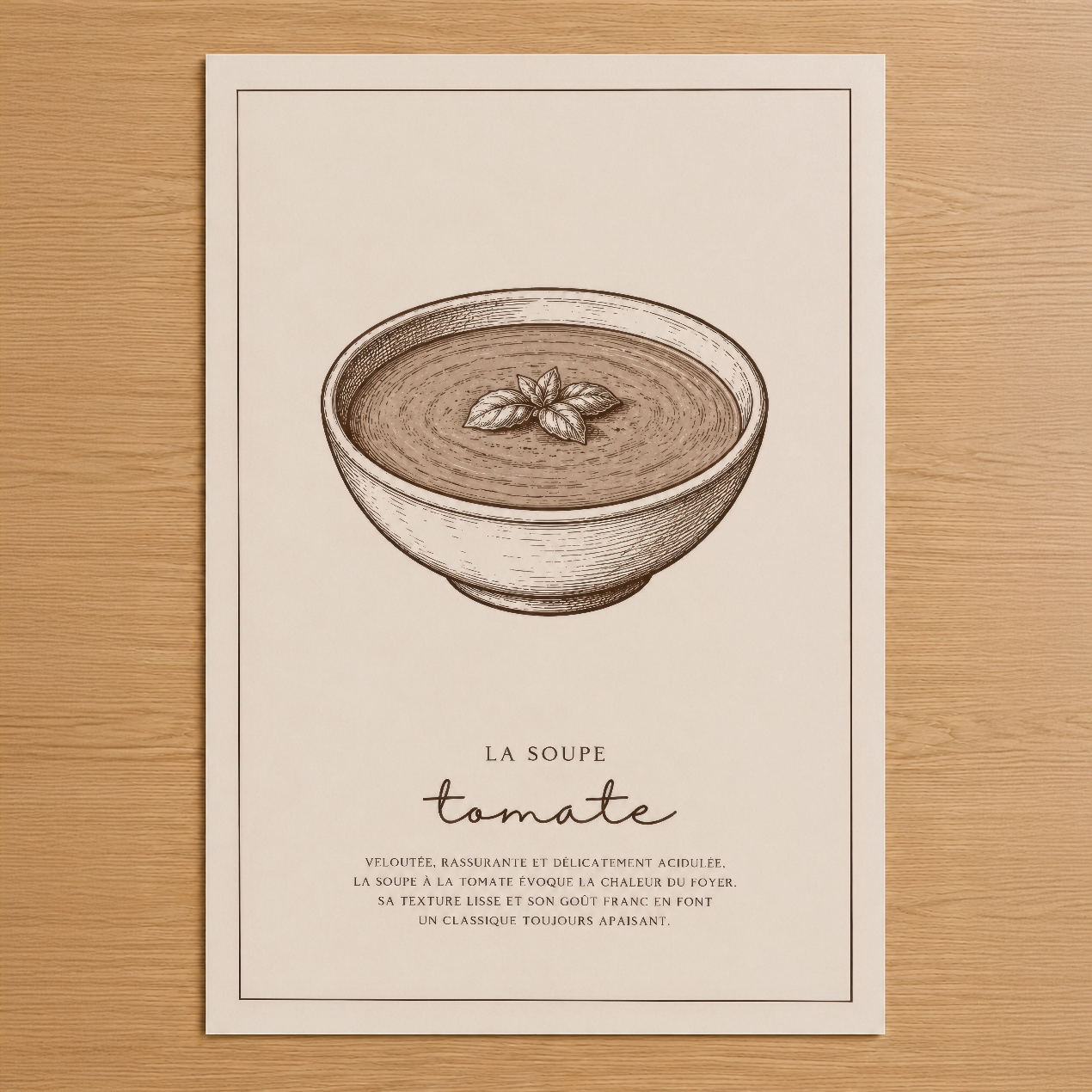 La Soupe Tomate, vintage tarzda domates çorbası tasarımı, minimalist çizim ve Fransızca açıklama metni içeren dekoratif