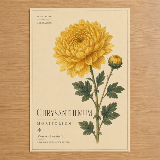 Sarı Chrysanthemum çiçeğinin botanik illüstrasyonu, klasik tarzda krem zemin üzerine detaylı yaprak ve tomurcuklar.