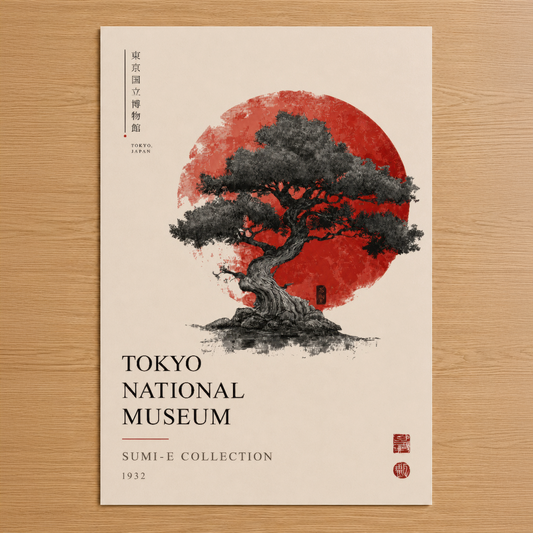 Tokyo Ulusal Müzesi koleksiyonundan ilham alan, kırmızı ay arka planında stilize bonsai ağacı desenli sanat baskısı.