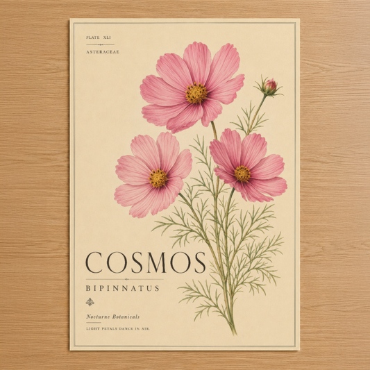 Botanik tarzı Cosmos Bipinnatus tablosu, pembe çiçekler ve zarif yapraklarıyla klasik sanat eseri