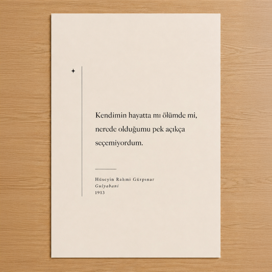 Hüseyin Rahmi Gürpınar'dan ilham alan minimalist tasarım, zarif tipografi ve sade estetikle oluşturulmuş duvar tablosu.