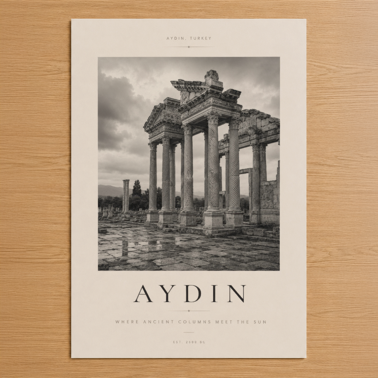 Aydın antik tiyatrosu siyah beyaz poster, minimalist tasarım ve nostaljik atmosfer ile duvar dekorasyonu.