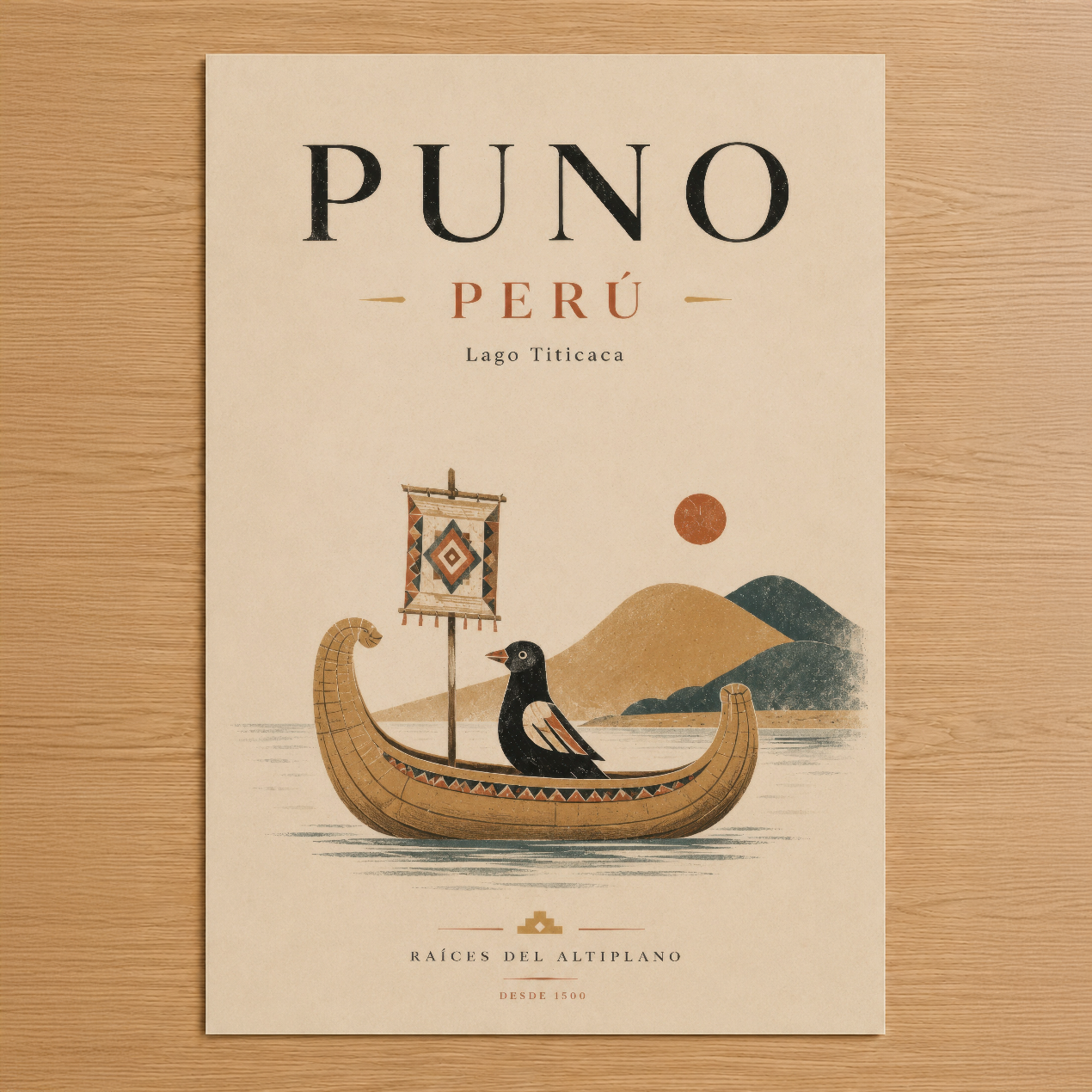 Peru Puno temalı vintage stil duvar tablosu, geleneksel hasır tekneyi ve andean tasarımlarını sanat eserine dönüştüren
