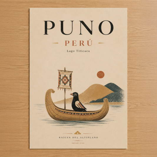 Peru Puno temalı vintage stil duvar tablosu, geleneksel hasır tekneyi ve andean tasarımlarını sanat eserine dönüştüren