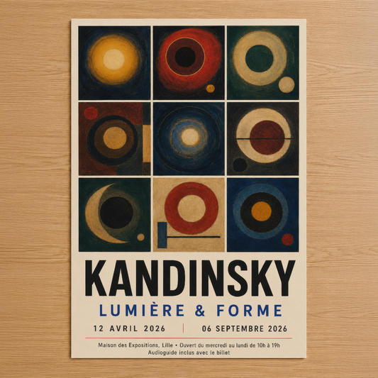 Kandinsky'nin ikonik geometrik çalışmasını sergileyen, dokuz renkli dairesel formdan oluşan soyut sanat posteri.