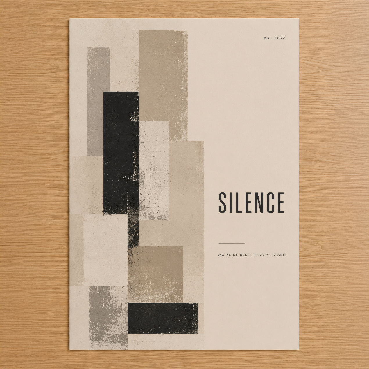 Soyut geometrik şekillerin yer aldığı minimalist poster, donuk renklerle tasarlanmış, sakin ve meditativ bir atmosfer