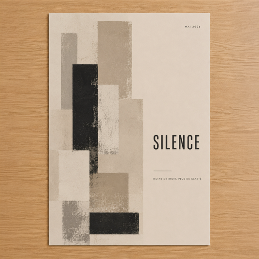 Soyut geometrik şekillerin yer aldığı minimalist poster, donuk renklerle tasarlanmış, sakin ve meditativ bir atmosfer