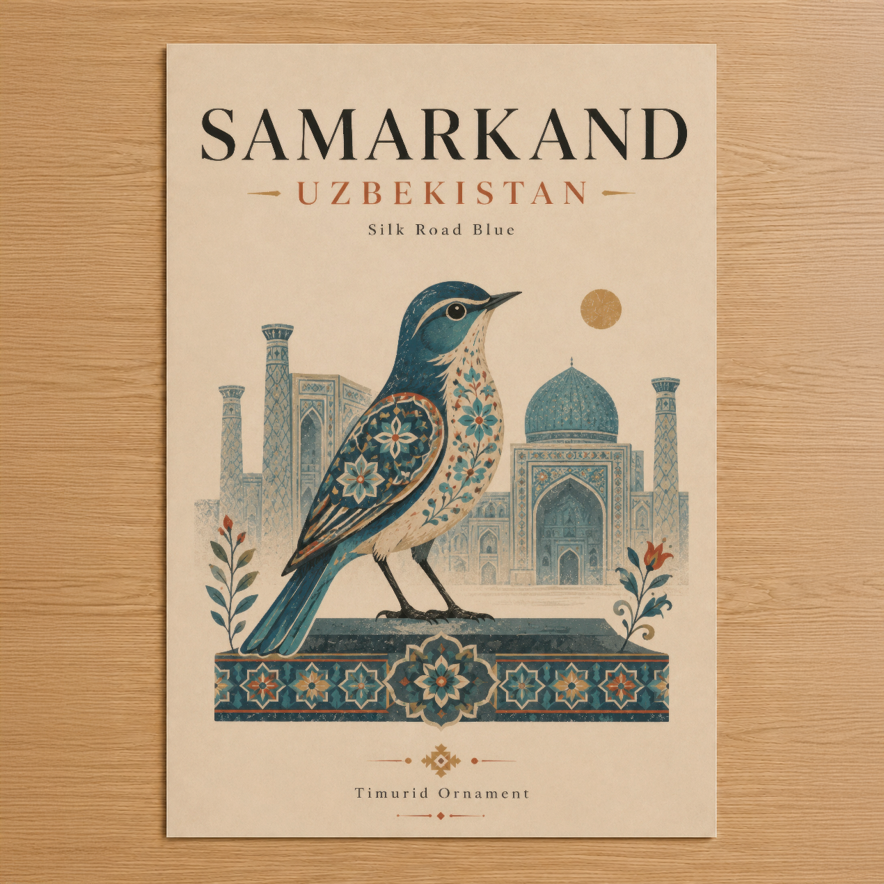 Samarkand Uzbekistan temalı, İpek Yolu mavisi rengiyle bezeli kuş motifli sanat tablosu.
