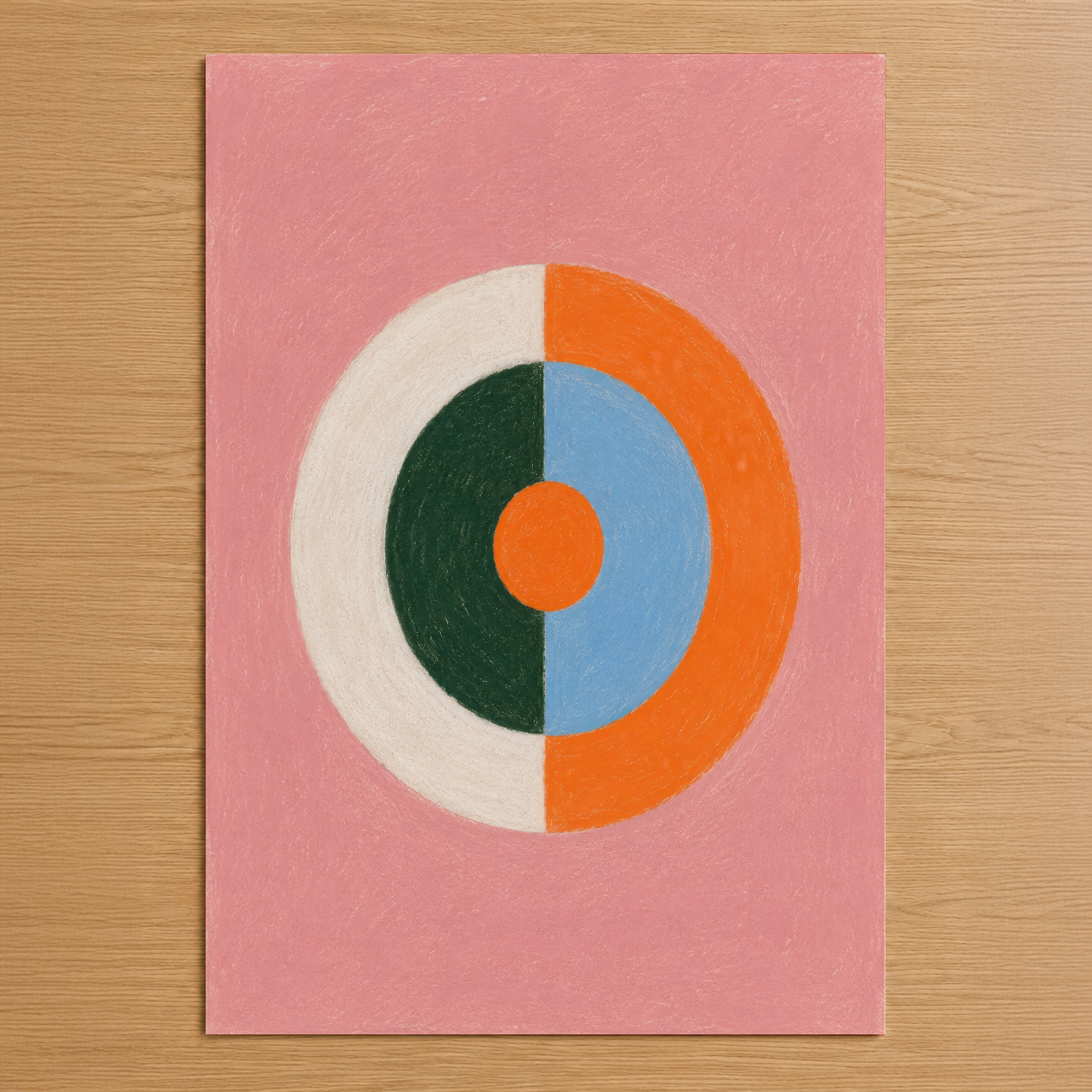 Geometrik tasarımlı modern sanat tablosu, pembe arka fonda renkli daire motifi ile minimal estetik
