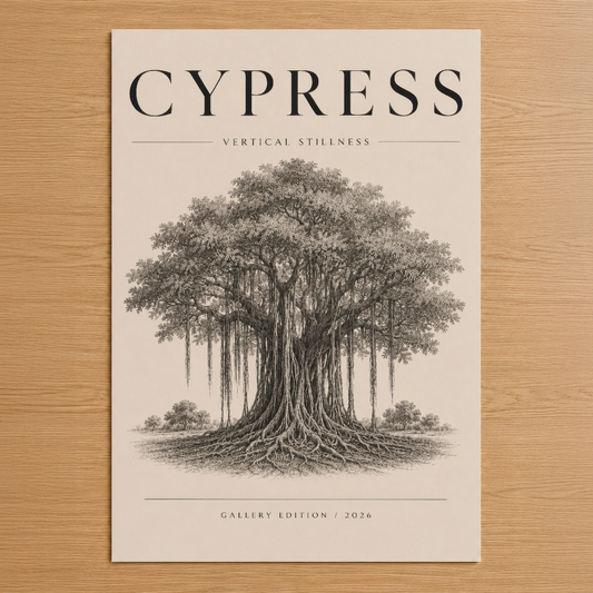 Cypress ağacının ayrıntılı kalem çizimiyle tasarlanmış, minimalist ve zarafet sunan galeri baskısı.