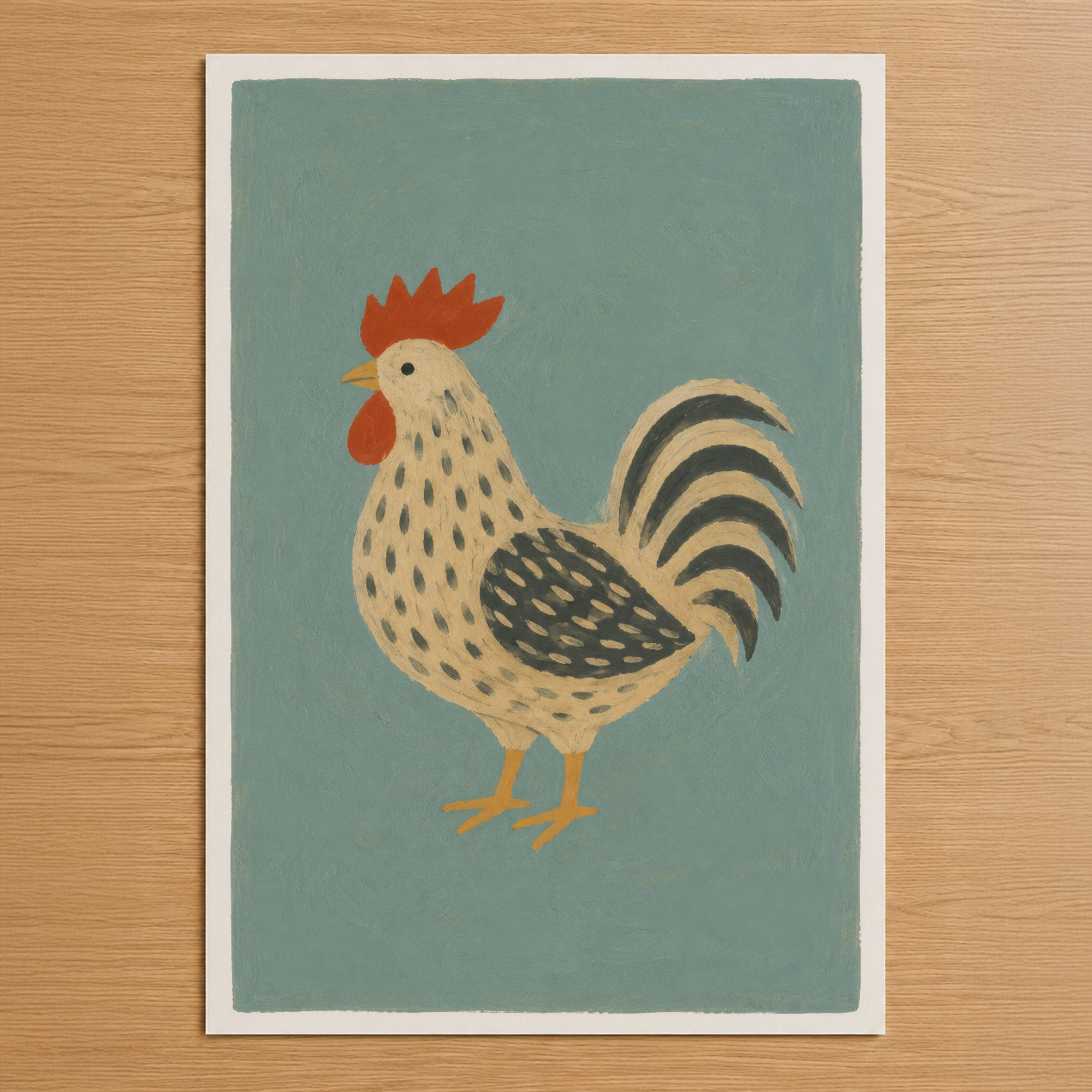Retro stilde, turkuaz zemin üzerine kırmızı ibiklı horoz desenli sanat tablosu.