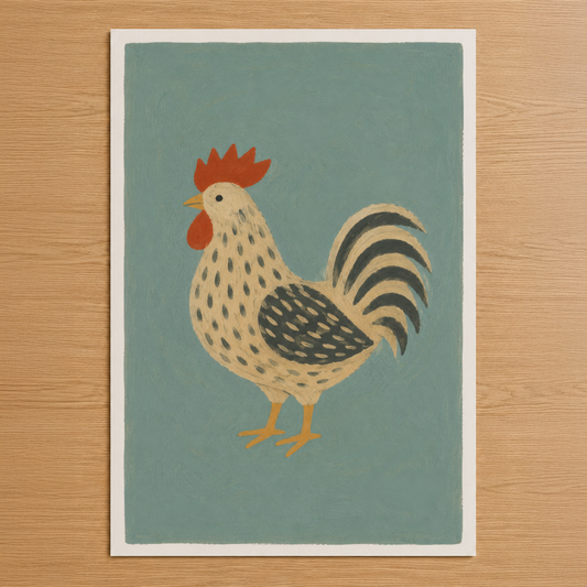 Retro stilde, turkuaz zemin üzerine kırmızı ibiklı horoz desenli sanat tablosu.