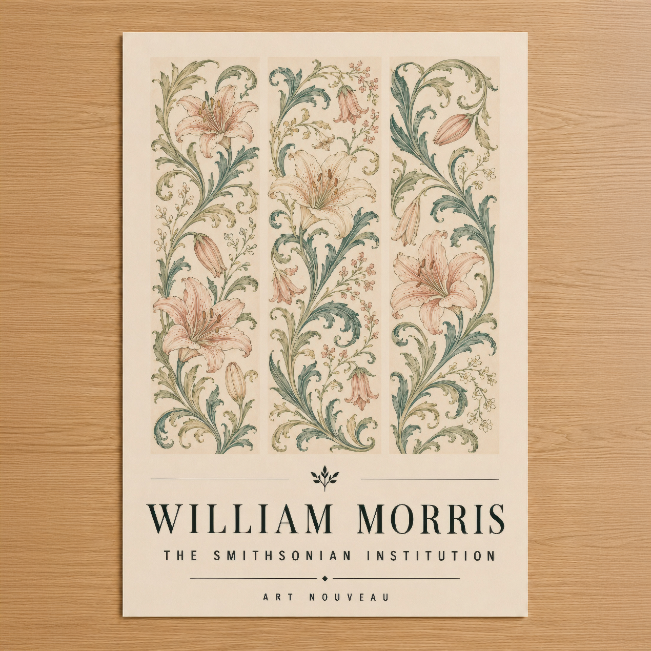 Art Nouveau tarzında üç şeritli lale ve akanthus yapraklarından oluşan dekoratif William Morris tablosu, klasik İngiliz
