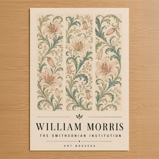Art Nouveau tarzında üç şeritli lale ve akanthus yapraklarından oluşan dekoratif William Morris tablosu, klasik İngiliz