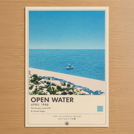Açık deniz temasıyla 1988 California rüyalarını anlatan minimalist sahil posteri, sakin atmosferiyle modern dekorasyon.