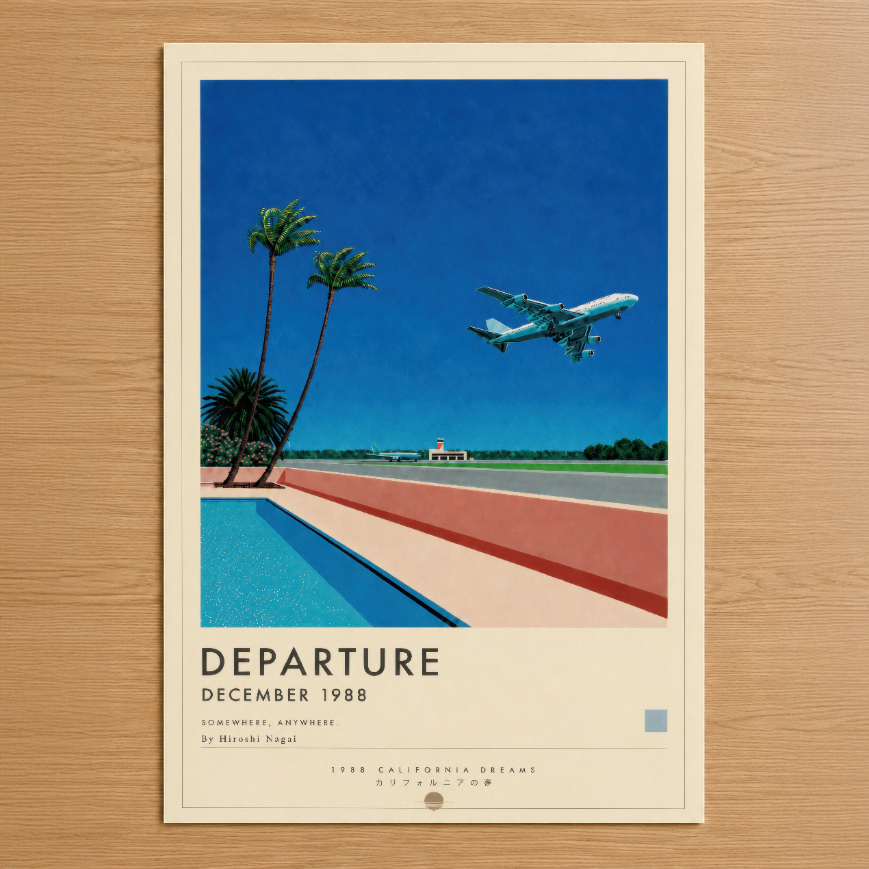1988 California Dreams temalı Departure posteri, palm ağaçları, piste ve uçak ile retro estetik taşıyan sanat baskısı.
