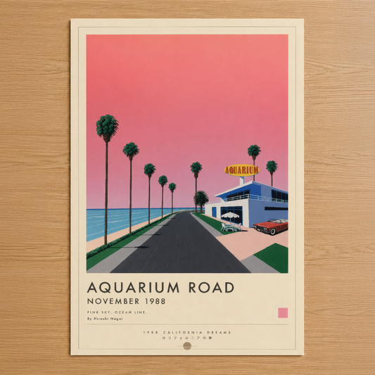 1988 yılına ait Aquarium Road sahnesi, pembe gökyüzü ve palmiye ağaçlarıyla nostaljik bir California posteri.