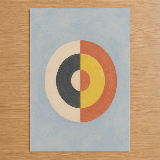 Geometrik daire tasarımı, pastel mavi zemin üzerinde renkli segmentlerle modern sanat stili.
