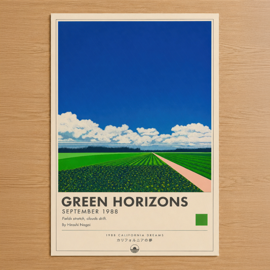 Sonsuz yeşil tarlaların üzerinde açık mavi gökyüzü ve beyaz bulutlar, retro tarzda Green Horizons poster sanatı.